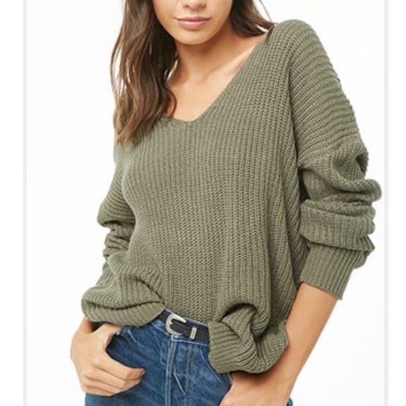 Olive Green Knit Cozy Sweater with Back Knotted - Picture 1 of 1